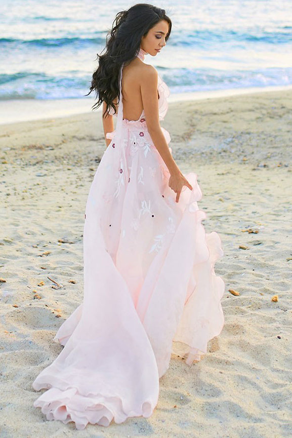 Pink Halter Appliques Beach Wedding Dress Backless Wedding Gown OW603