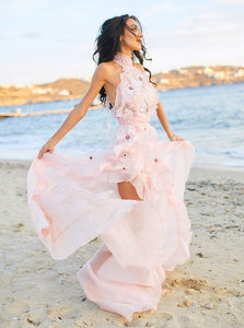 Pink Halter Appliques Beach Wedding Dress Backless Wedding Gown OW603