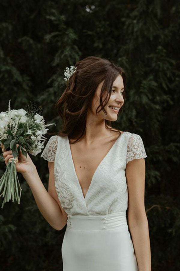 Cap Sleeves Sheath V-Neck Backless Wedding Dress With Lace OW596