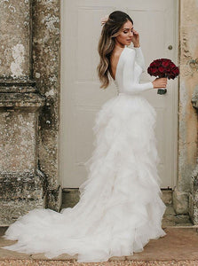 Princess Bateau Long Sleeves Tulle Wedding Dress With Ruffles OW597