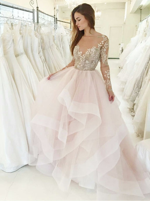 Princess Pink Bateau Long Sleeves Wedding Dress With Appliques OW598