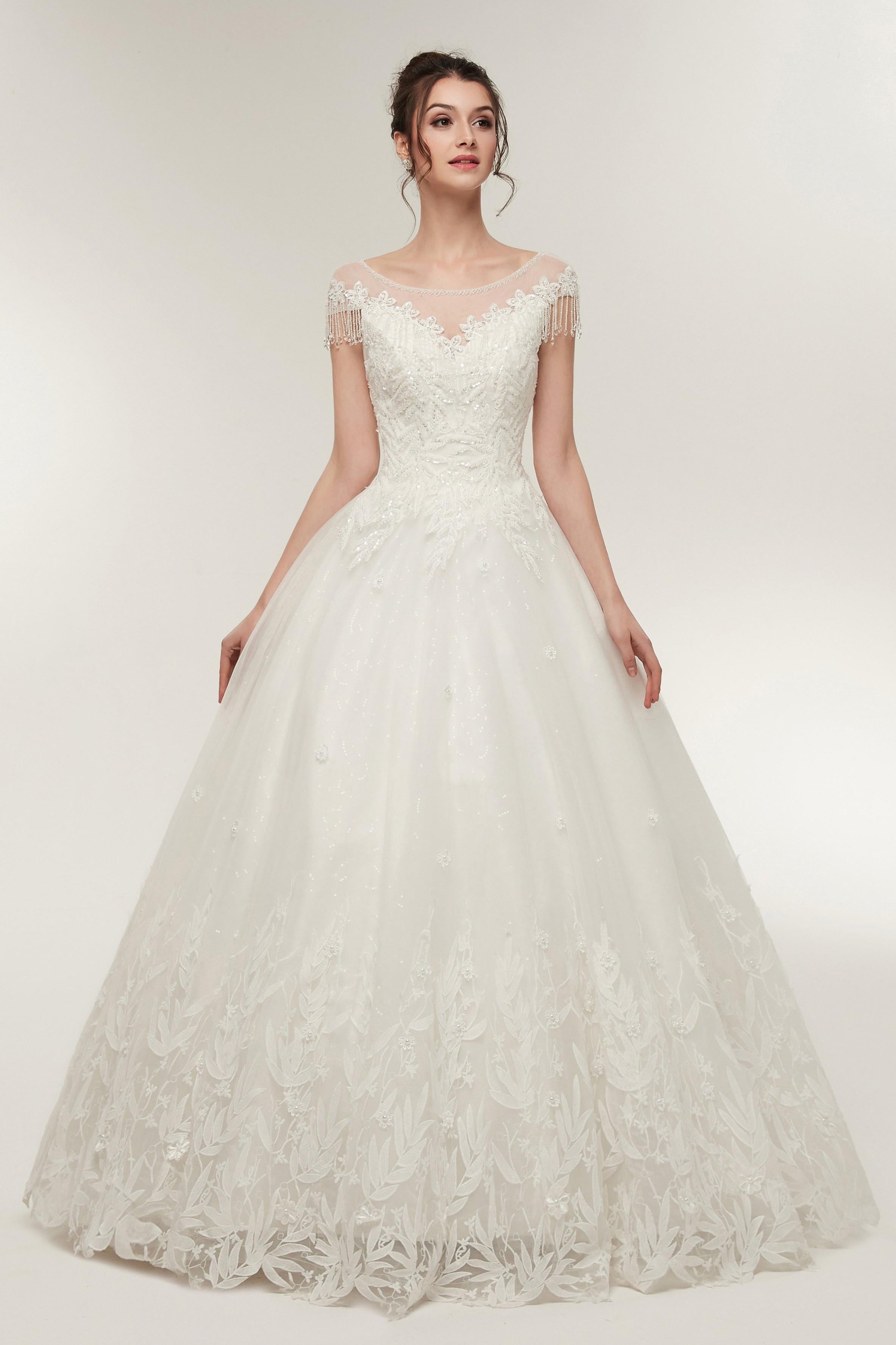 Elegant Princess White Cap Sleeve Tulle Wedding Dresses With Lace Appliques