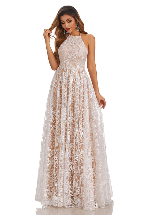 A-Line Long Halter Sleeveless Lace Up Wedding Dress With Lace Appliques