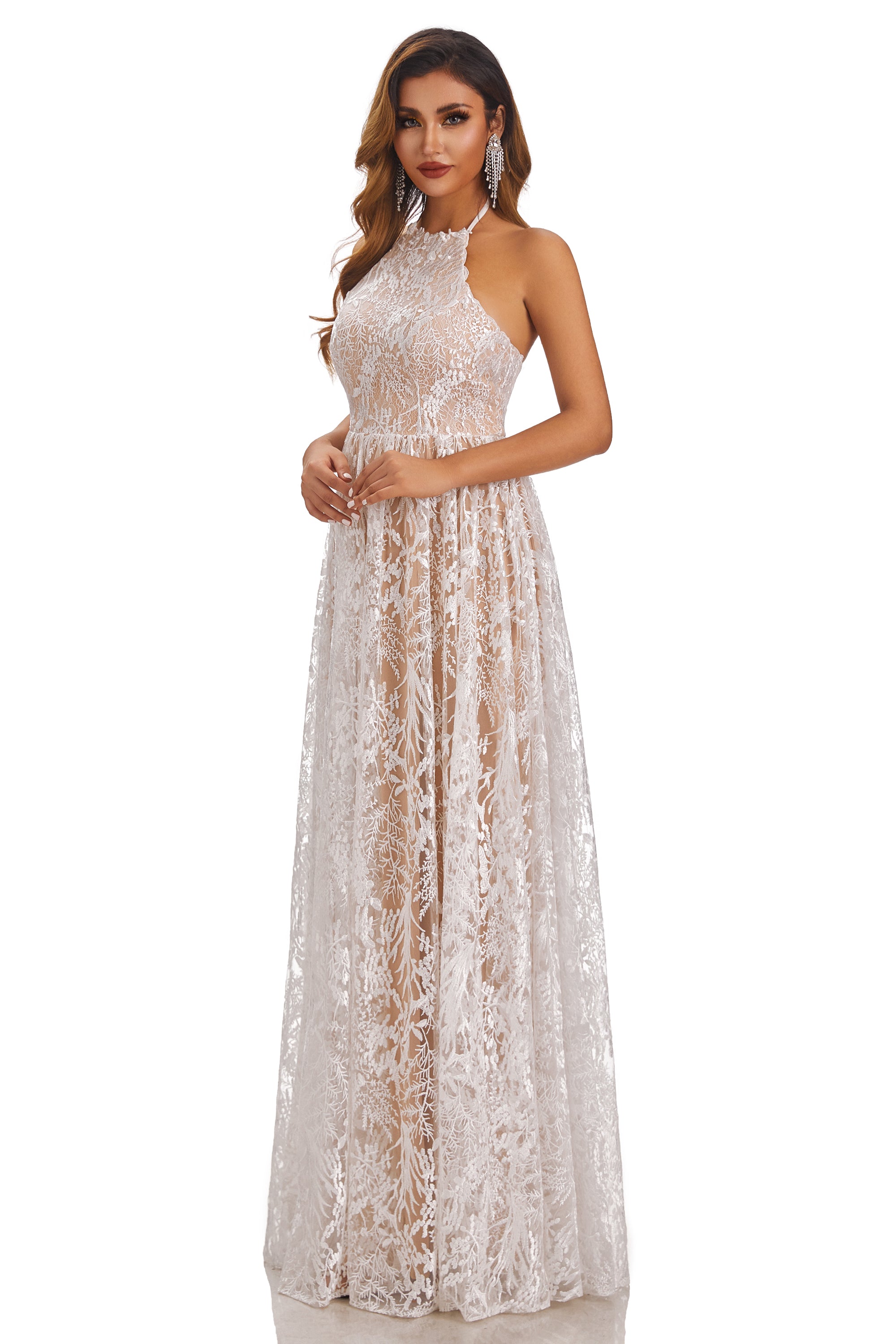 A-Line Long Halter Sleeveless Lace Up Wedding Dress With Lace Appliques