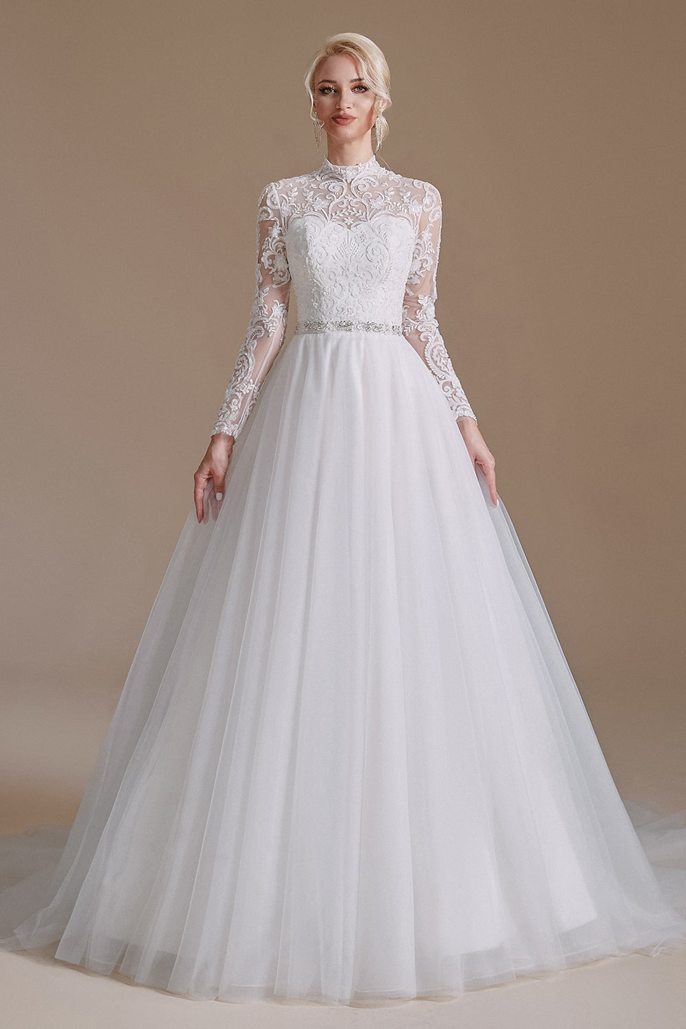A-Line Lace Appliques Long Sleeve Tulle Chapel Train Wedding Dress