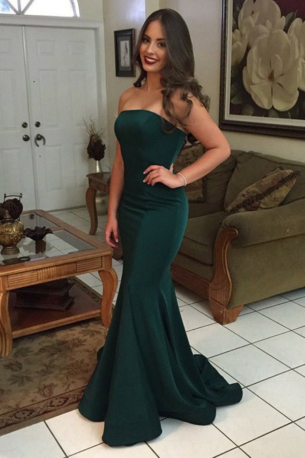 Dark Green Elastic Satin Mermaid Strapless Prom Evening Dress OP774