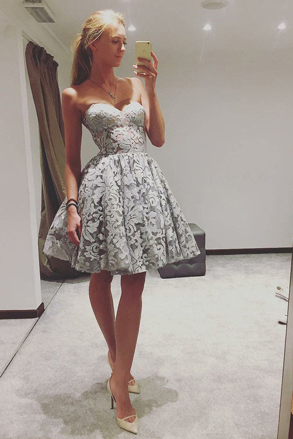 Chic Sweetheart Gray Lace Short Prom Dress Homecoming Dress
