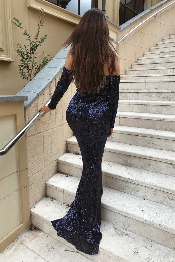 Prom Dress Mermaid Off-the-Shoulder Long Sleeves Sequined Evening Gown OP781