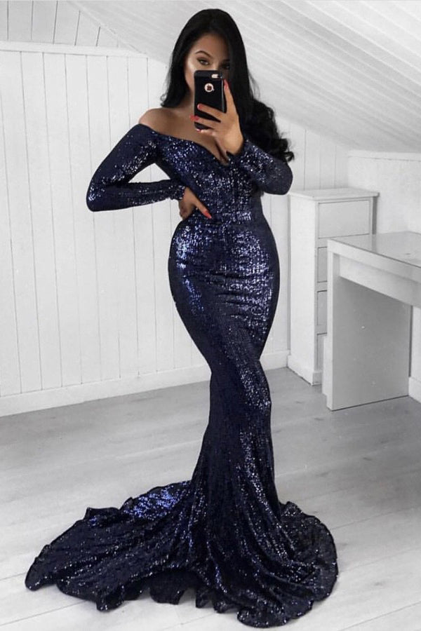 Prom Dress Mermaid Off-the-Shoulder Long Sleeves Sequined Evening Gown OP781