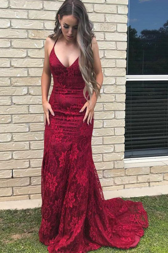 Spaghetti Burgundy Prom Dress Lace Mermaid Long Evening Dress OP846