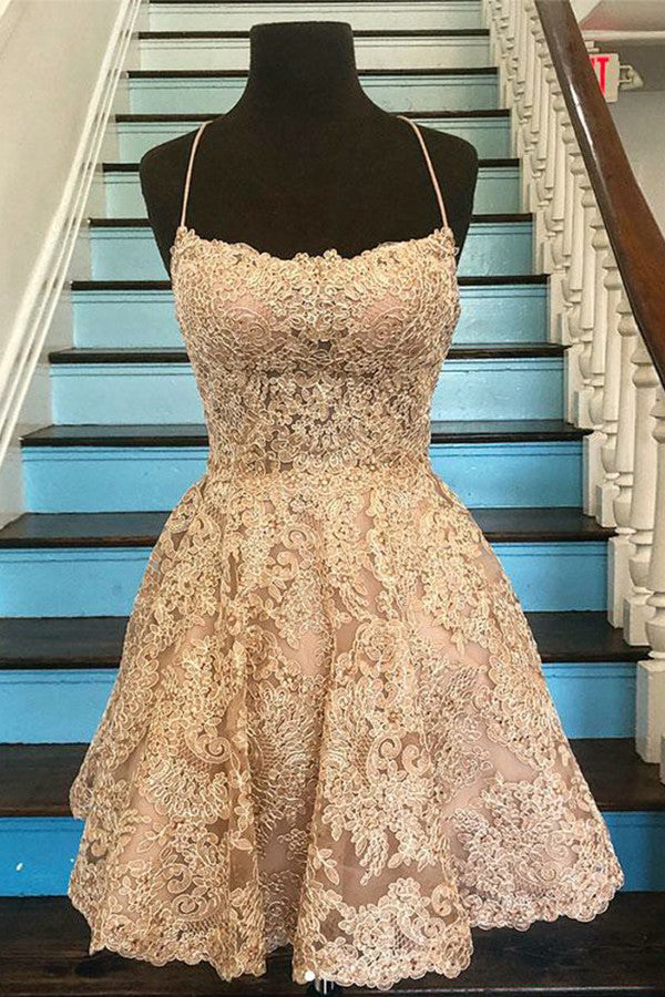 Spaghetti-straps Square Neck Lace Short Prom Homecoming Dress OM334