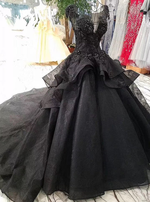Cap Sleeves Black Ball Gown Prom Dresses, Long Bridal Dress with Beads OP877