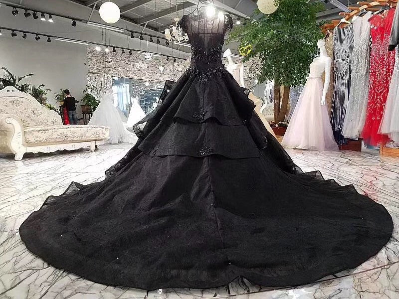 Cap Sleeves Black Ball Gown Prom Dresses, Long Bridal Dress with Beads OP877