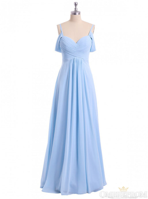 Chiffon Sky Blue Long Bridesmaid Dress, Off Shoulder Spaghetti Prom Dress OB276