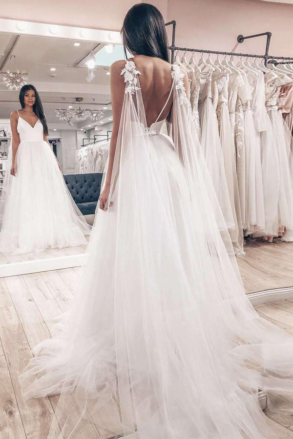 Spaghetti Straps V-neck Boho Wedding Dress Backless Wedding Dress