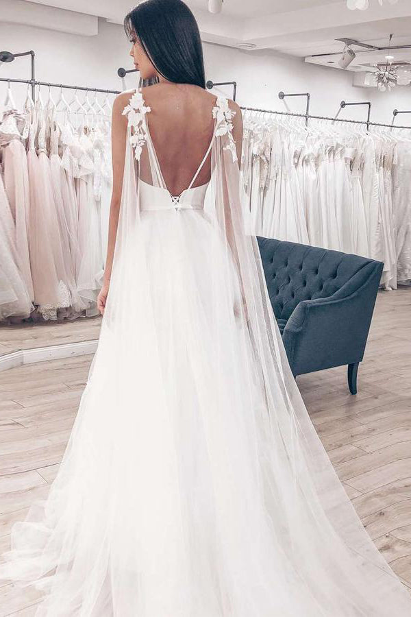 Spaghetti Straps V-neck Boho Wedding Dress Backless Wedding Dress