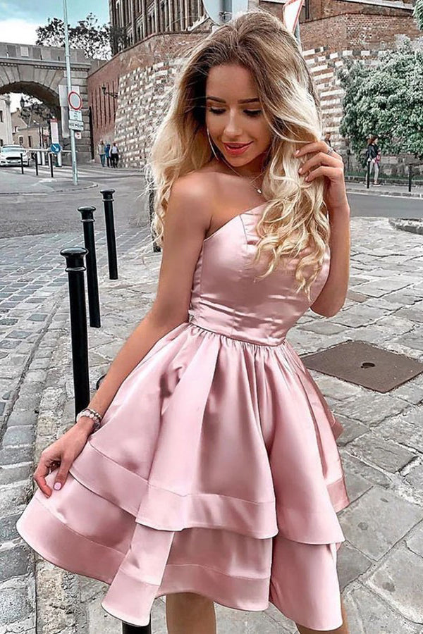 Strapless Blush Homecoming Party Dress With Tiered Skirt OM525