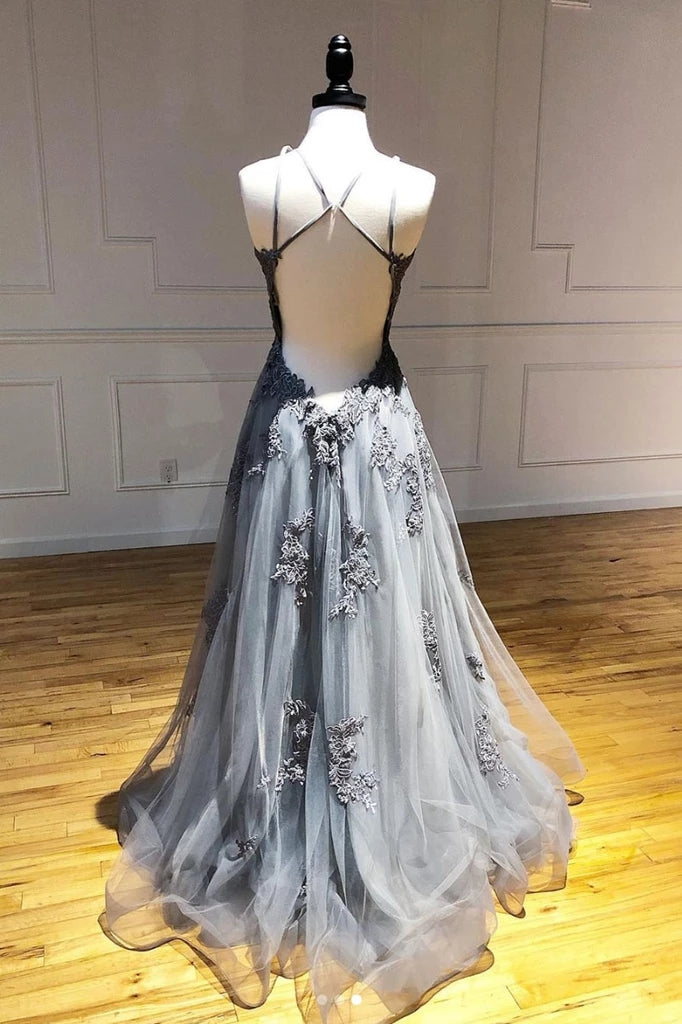 Tulle Gray Long Prom Dresses, Appliqued Backless Formal Evening Dress PO093