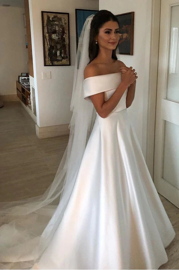 Simple Elegant A-line Wedding Dresses Off Shoulder Beach Bridal Dress OW509