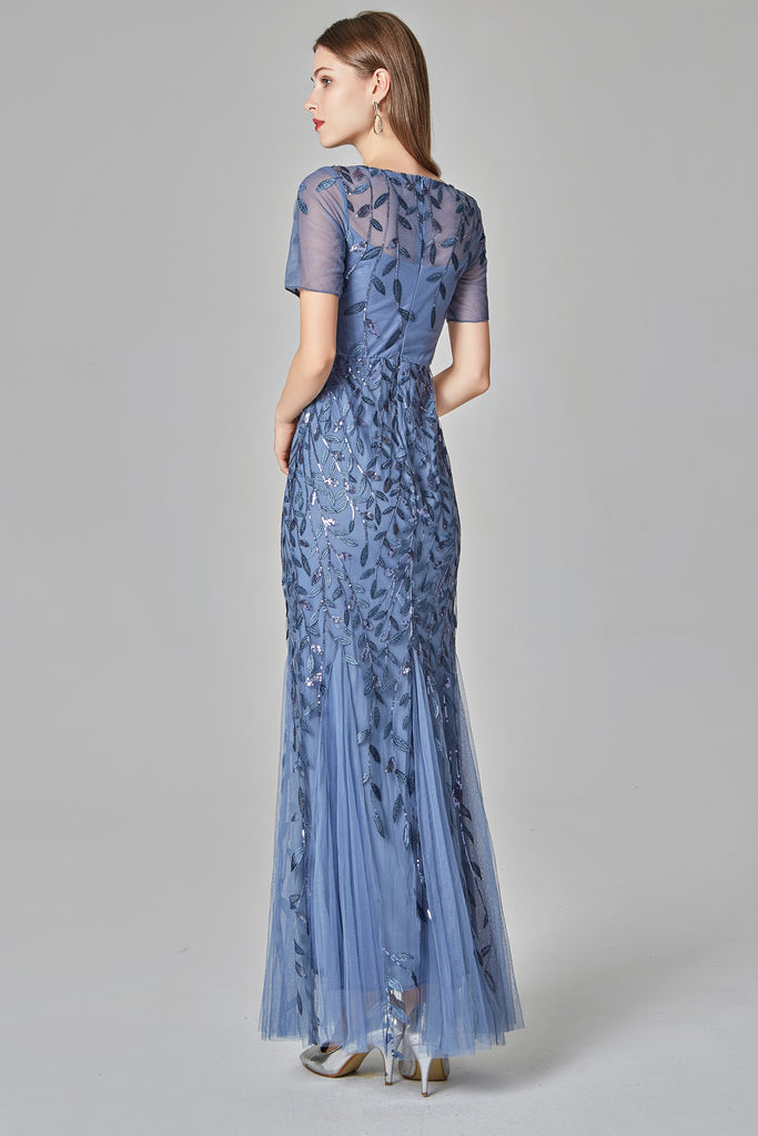 Round Neckline Mermaid Prom Dresses Tulle Sequin Long Evening Dresses E90801