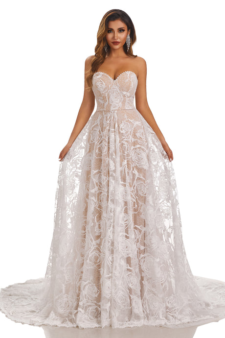 A-Line Long Sweetheart Sleeveless Lace Up Wedding Dress With Lace Appliques