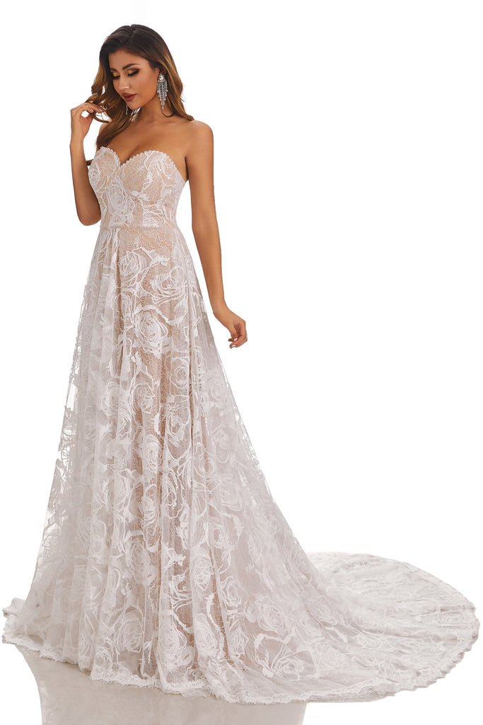 A-Line Long Sweetheart Sleeveless Lace Up Wedding Dress With Lace Appliques