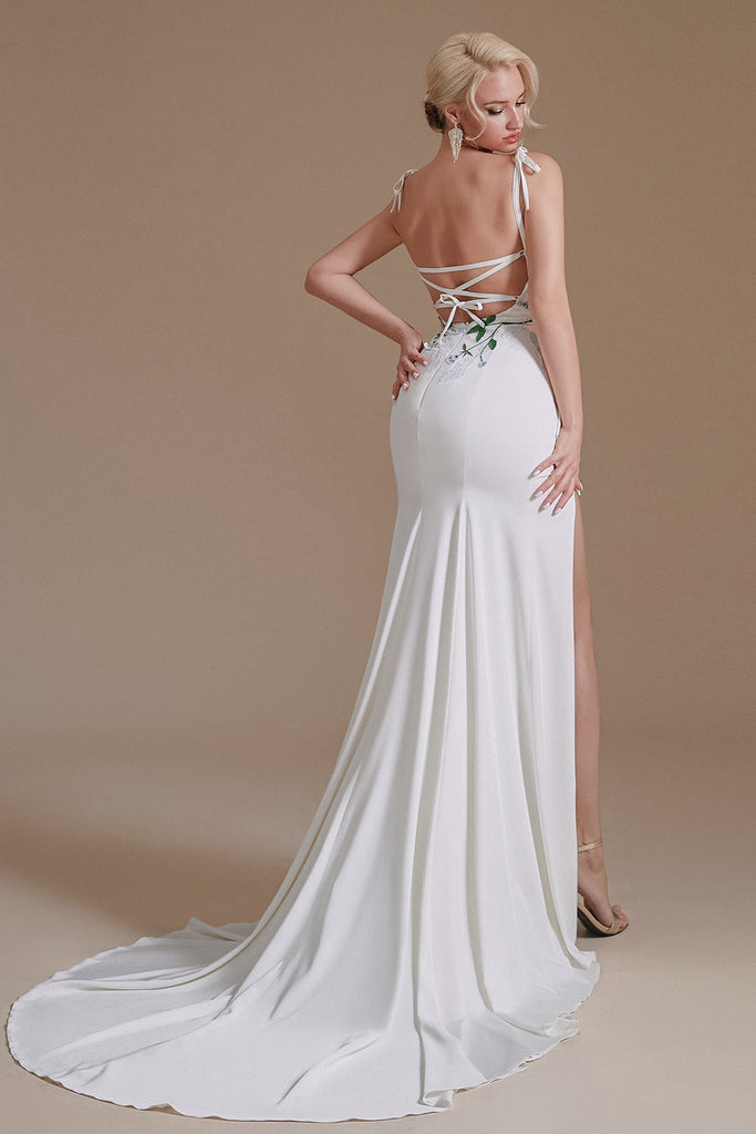 Spaghetti Straps Mermaid Chapel Train High Split Wedding Dress