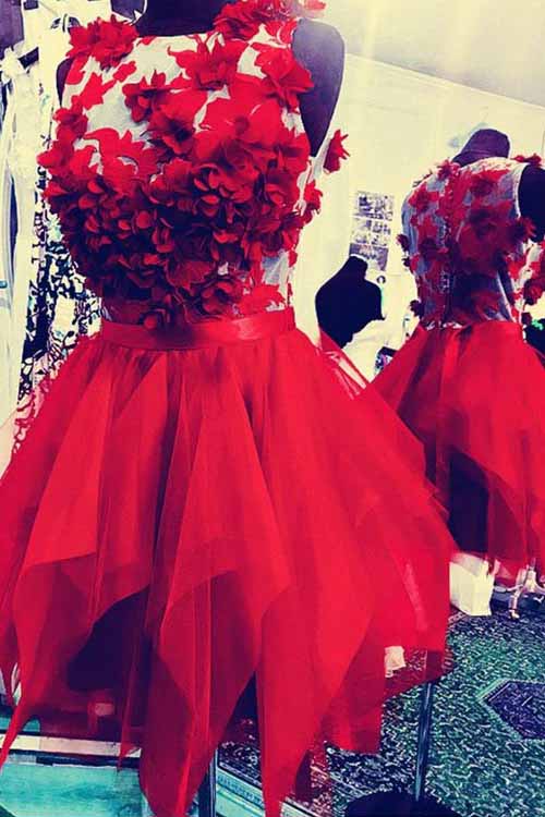 Red Round Neck Tulle Short Prom Dress, Appliques Homecoming Dress OM401