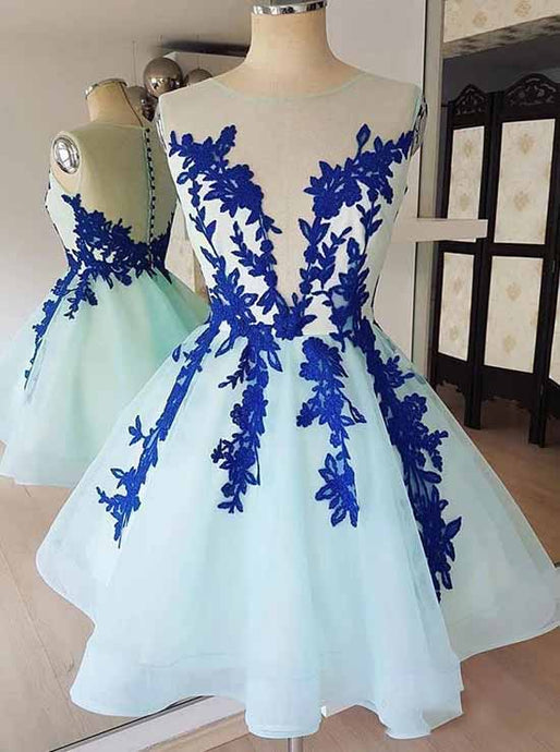 Baby Blue Tulle Short Prom Dress, Homecoming Dress With Blue Appliques OM402