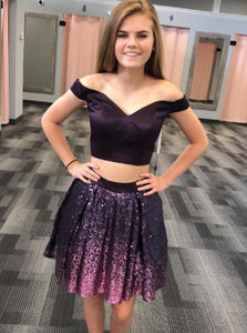 Sparkly Sequins Purple Ombre Short Prom Dress, Two Piece Homecoming Dresses OM418