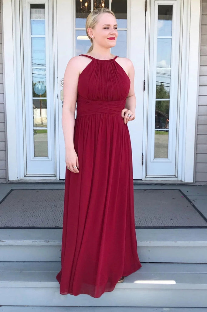 High Neck Chiffon Burgundy Bridesmaid Dress, Long Prom Party Dress OB277
