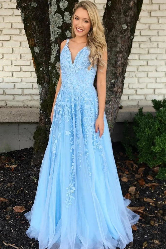 Sky Blue Long Prom Dresses A-line V-neck Lace Appliques Pageant Dress OP908