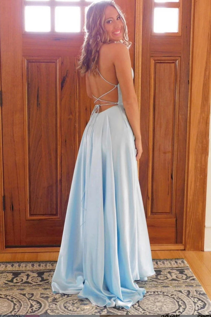 Simple Sky Blue Backless Long Prom Dress Evening Dress