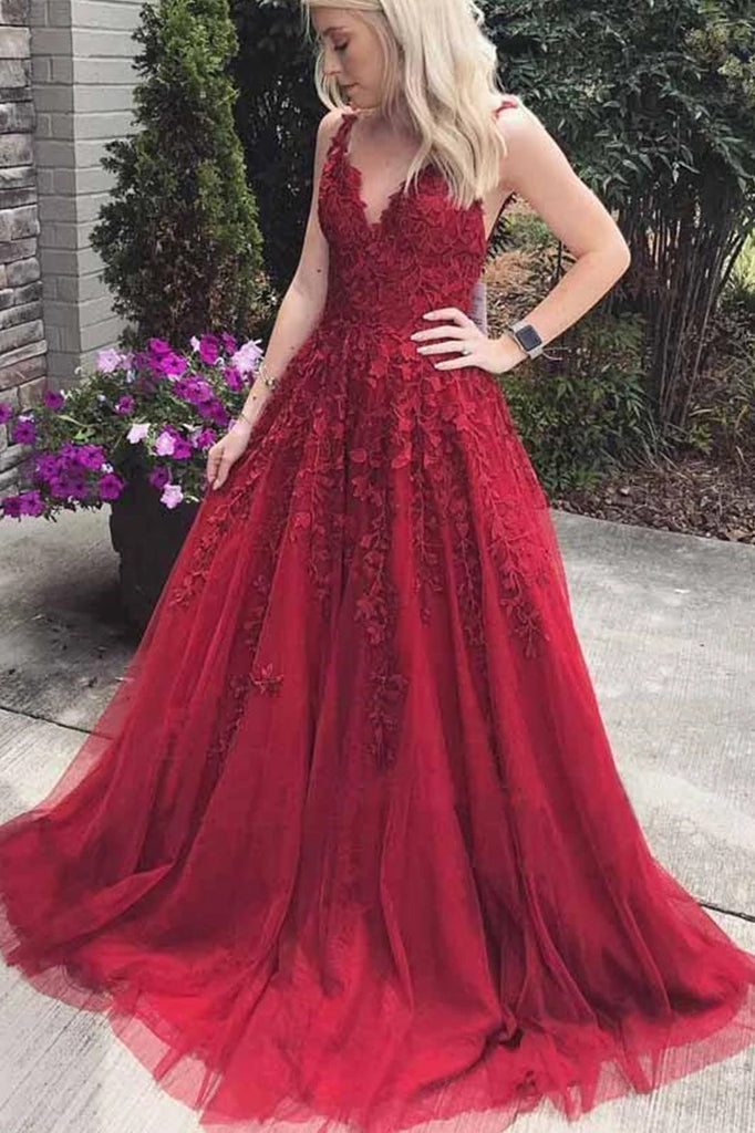 A Line V Neck Appliques Burgundy Prom Dresses, Tulle Long Evening Dress