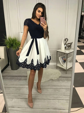 A-line Cap Sleeves Appliques Homecoming Dress, Short Prom Dress OM359