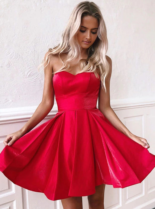 Red Sweetheart Satin Homecoming Dress, Short Prom Dress With Lace-Up Back OM362