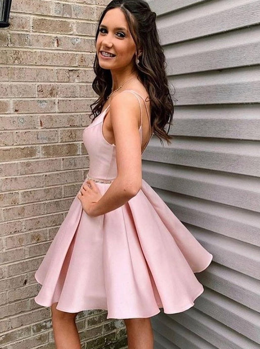 Pink A-line V-neck Short Prom Dress Homecoming Dress With Beading
