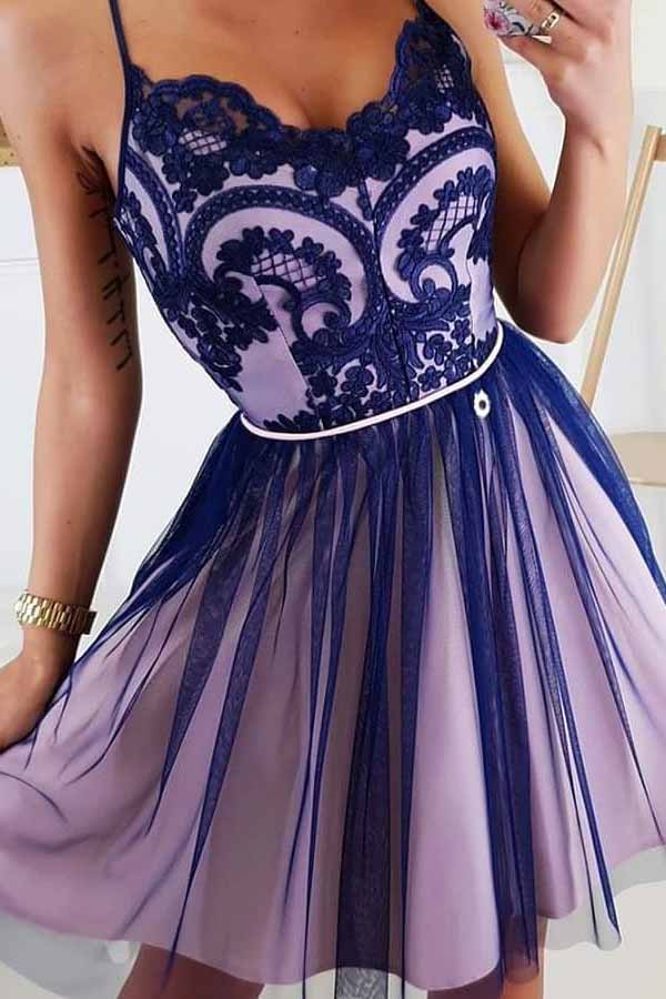 Spaghetti-straps Tulle Short Prom Dress Appliques Homecoming Dress OM371