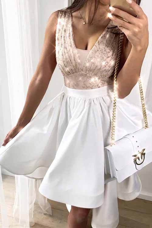A-line V Neck Sequins Short Prom Dress, Homecoming Party Dress OM396