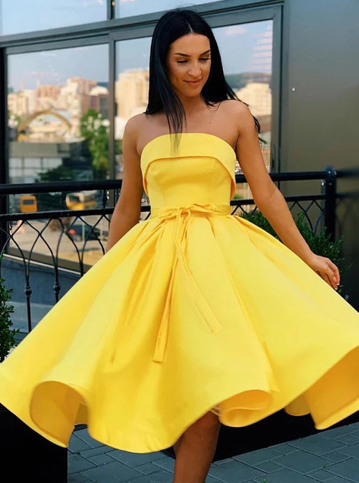 Simple Strapless Yellow Homecoming Dress Short Prom Dress OM530