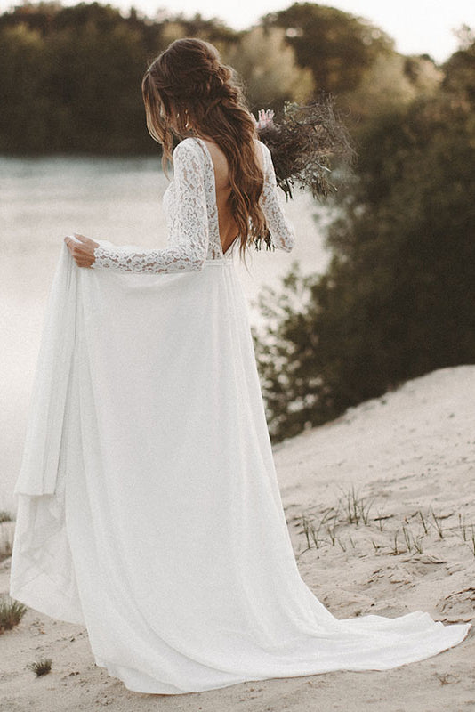 Lace Long Sleeve Wedding Dress Chiffon Beach Bridal Dress OW514