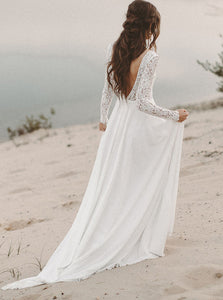 Lace Long Sleeve Wedding Dress Chiffon Beach Bridal Dress OW514