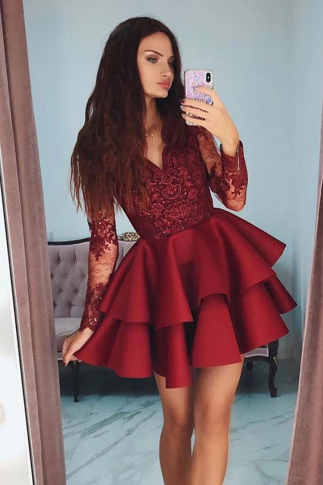 Burgundy Short Homecoming Dresses Short Prom Dress With Sleeves OM538