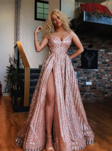 Rose Gold V Neck Spaghetti Sequins Long Prom Dress Evening Dress With Split