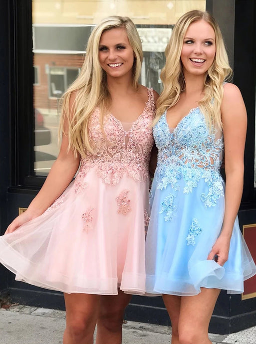 A Line V Neck Short Prom Dresses Lace Appliques Homecoming Dress OM548