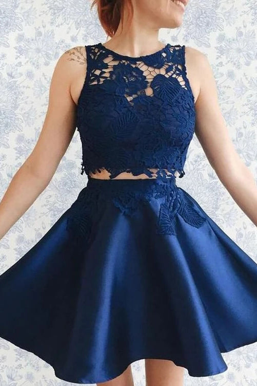 Dark Blue Two Piece Bateau Lace Appliques Satin Short Prom Dress OC137