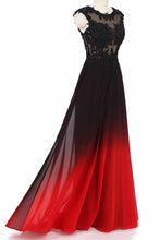 Round Neck Lace Applique Top Chiffon Black & Red Ombre Prom Formal Dresses PO022