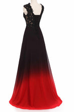 Round Neck Lace Applique Top Chiffon Black & Red Ombre Prom Formal Dresses PO022