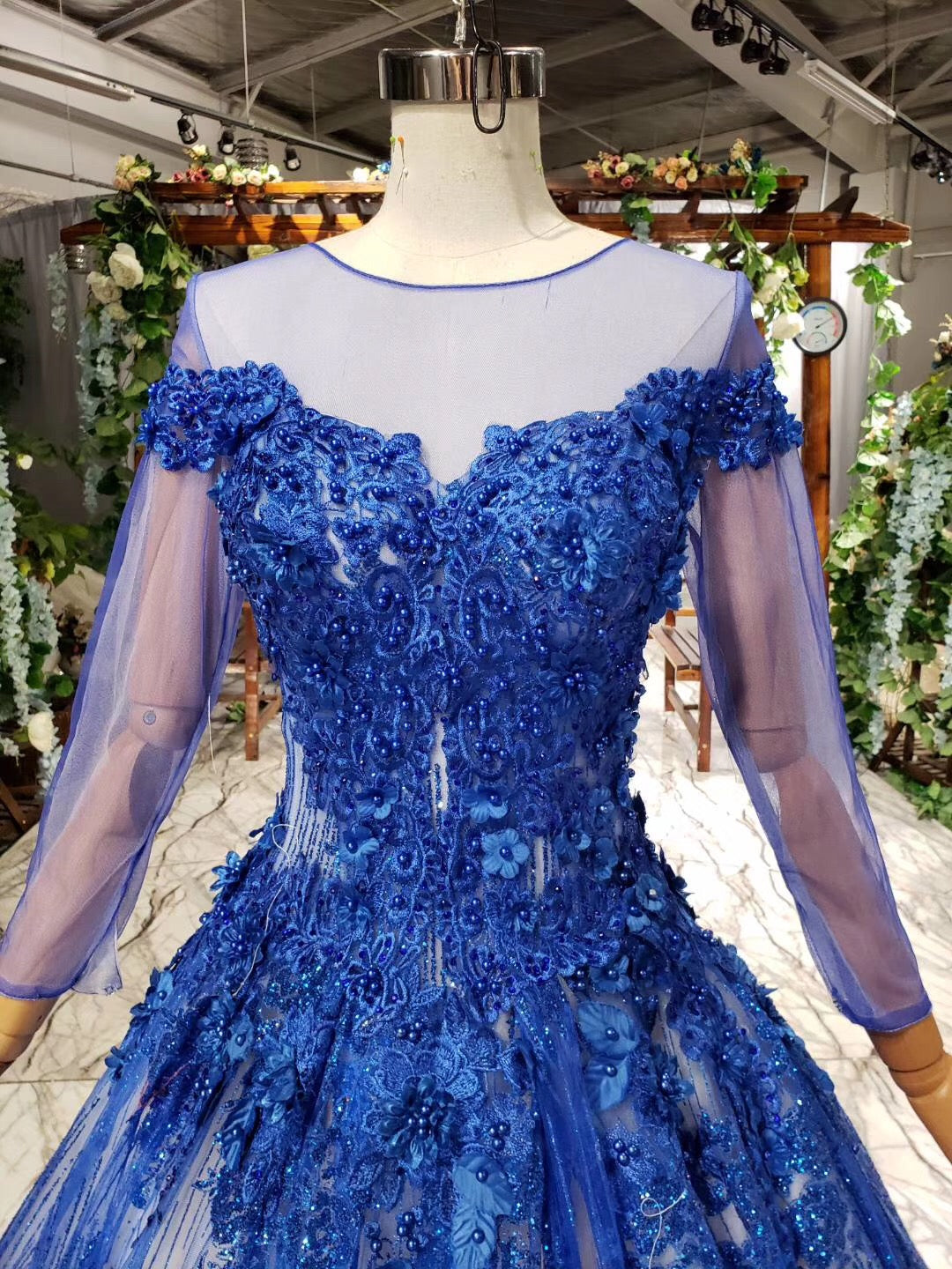 Sheer Neck Tulle Blue Ball Gown Beaded Applique Long Sleeve Prom Dresses OP872