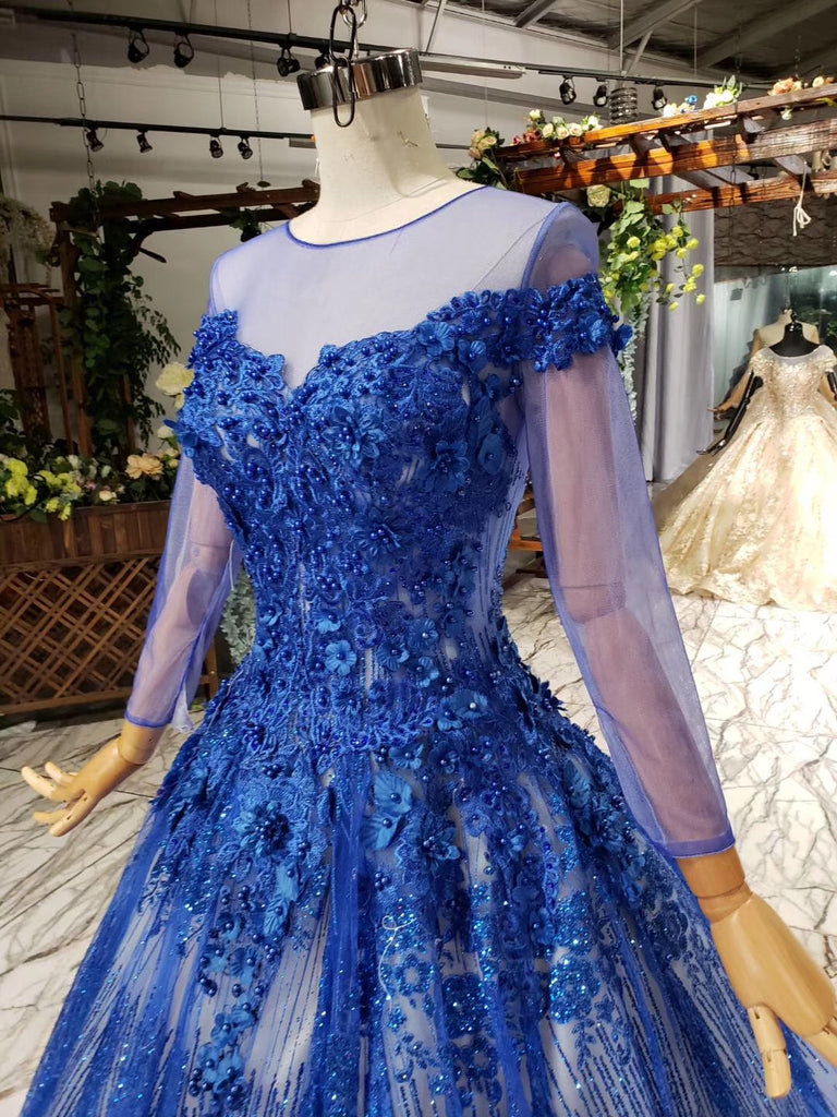 Sheer Neck Tulle Blue Ball Gown Beaded Applique Long Sleeve Prom Dresses OP872